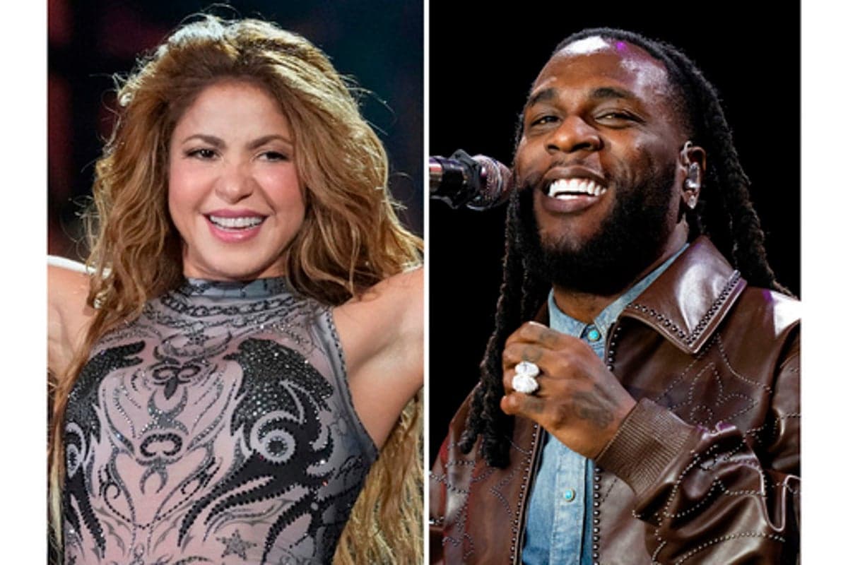 A composite image featuring Shakira performing on stage and Burna Boy at a music festival, representing their headline roles at the 2026 World Cup opening ceremony in Mexico City.