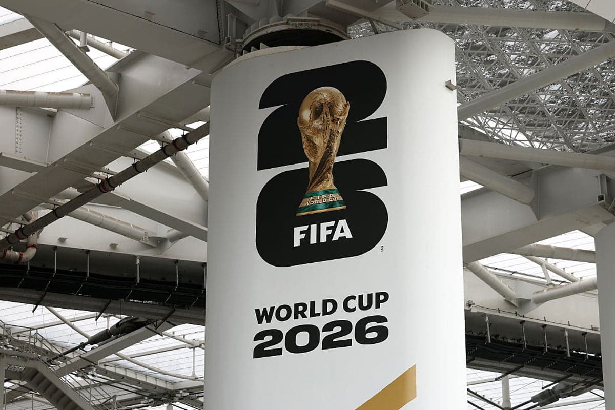 A digital illustration of a computer algorithm analyzing soccer data, overlaying a football pitch with statistical graphics and the FIFA World Cup trophy.