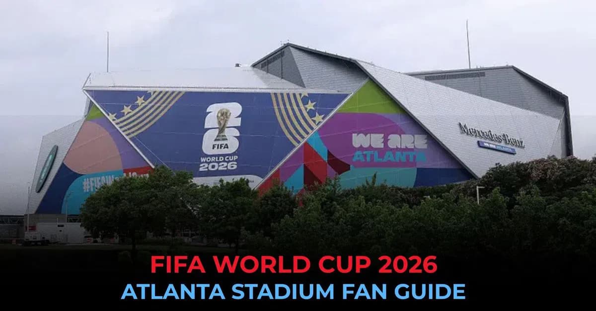 A panoramic view of Mercedes-Benz Stadium in Atlanta packed with fans, with the city skyline and a setting sun in the background during a World Cup match.