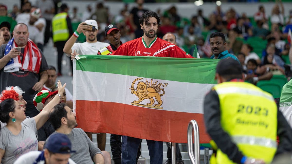 A person in a stadium crowd holds aloft an Iranian flag with a prominent Lion and Sun emblem, while a security official in a yellow vest stands nearby.