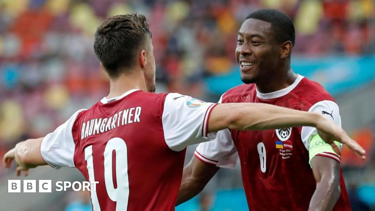 A split composition: one side shows David Alaba and Christoph Baumgartner celebrating a goal for Austria in happier times; the other shows a pensive Marc-Andre ter Stegen looking on from the stands or bench.
