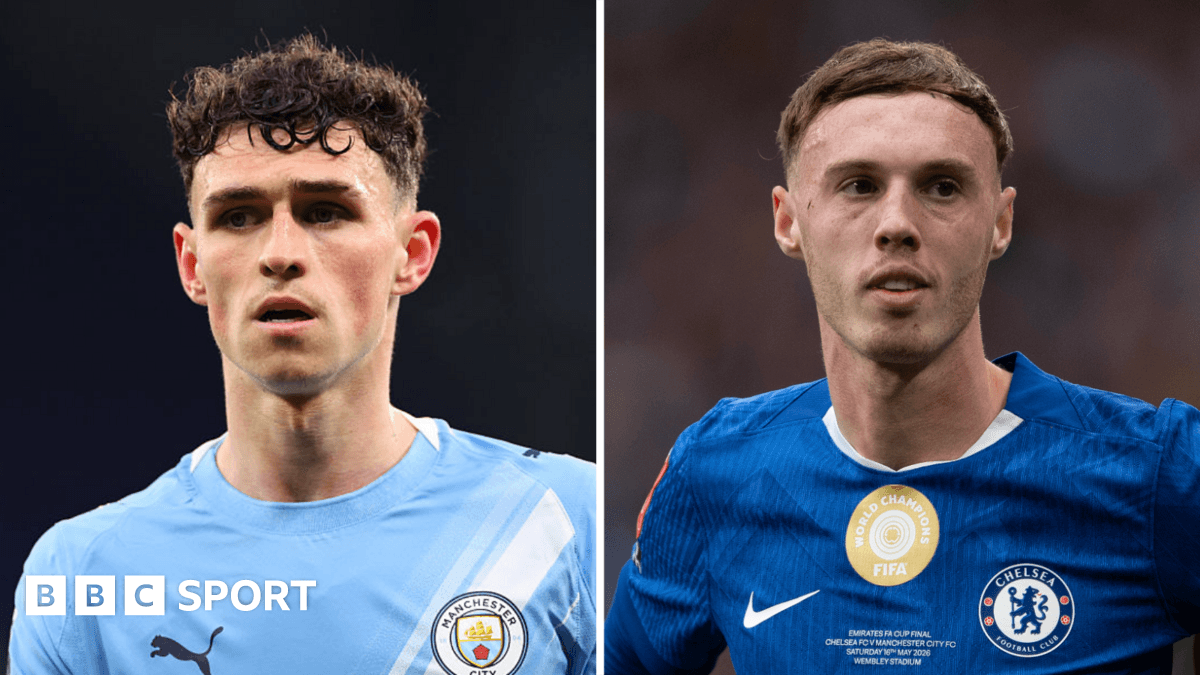 A split image showing Phil Foden in a Manchester City shirt and Cole Palmer in a Chelsea shirt, both looking dejected.