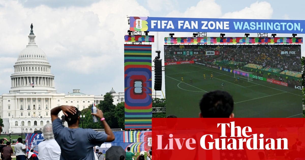 A USA fan watches Mexico’s victory over South Africa at a fan zone in Washington DC, while empty seats are seen at the Akron Stadium in Guadalajara during the South Korea vs Czech Republic match.