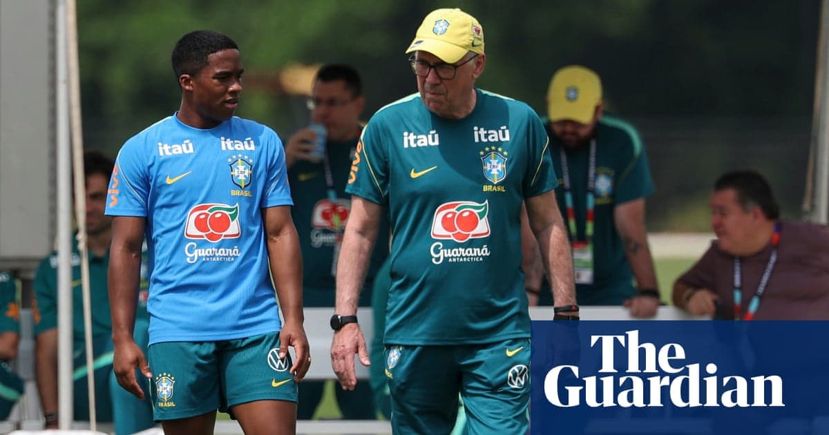 Carlo Ancelotti talks to young forward Endrick during a Brazil training session ahead of the 2026 World Cup.