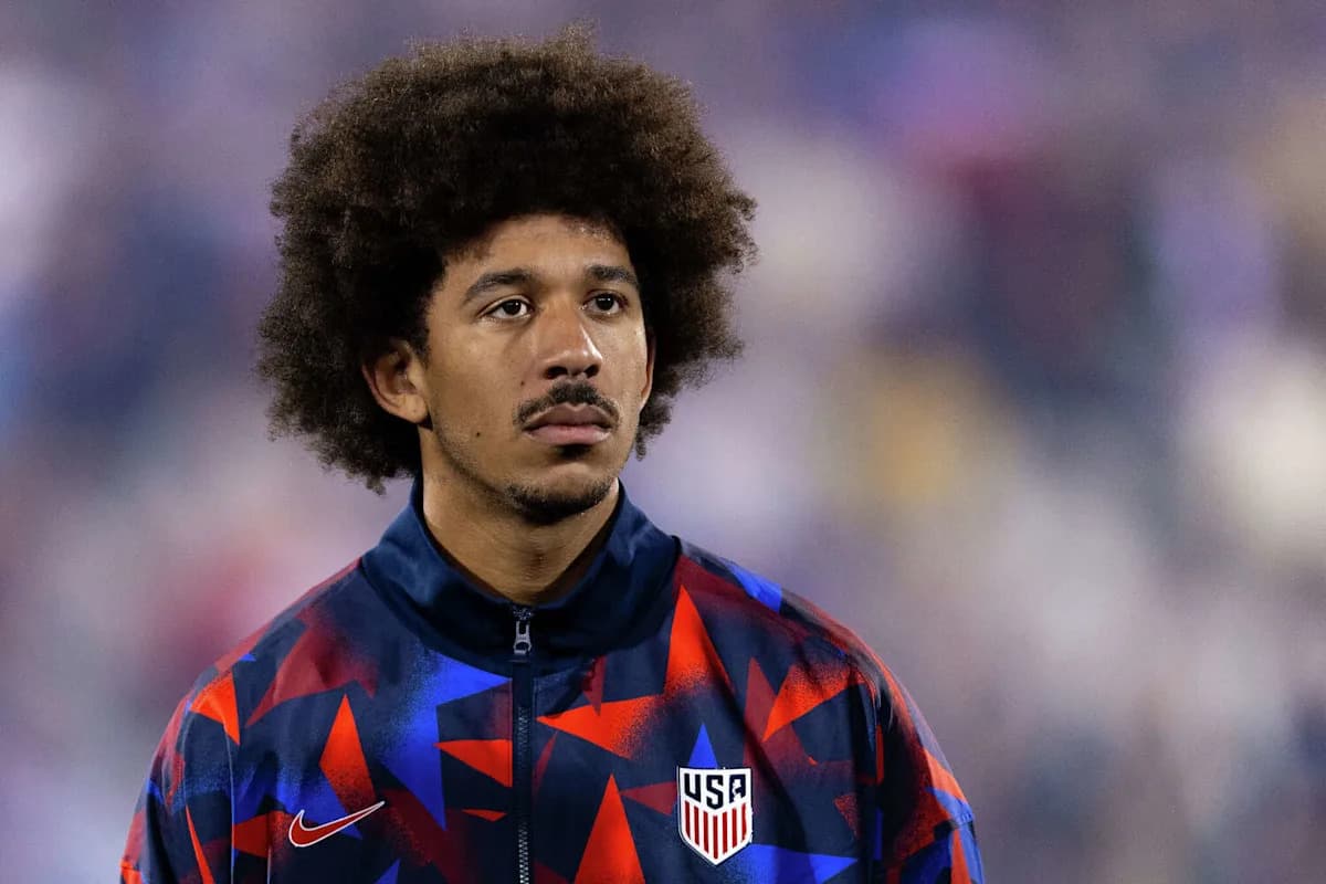 Chris Richards of the US Men's National Team stands during the national anthem before a friendly match against Australia.
