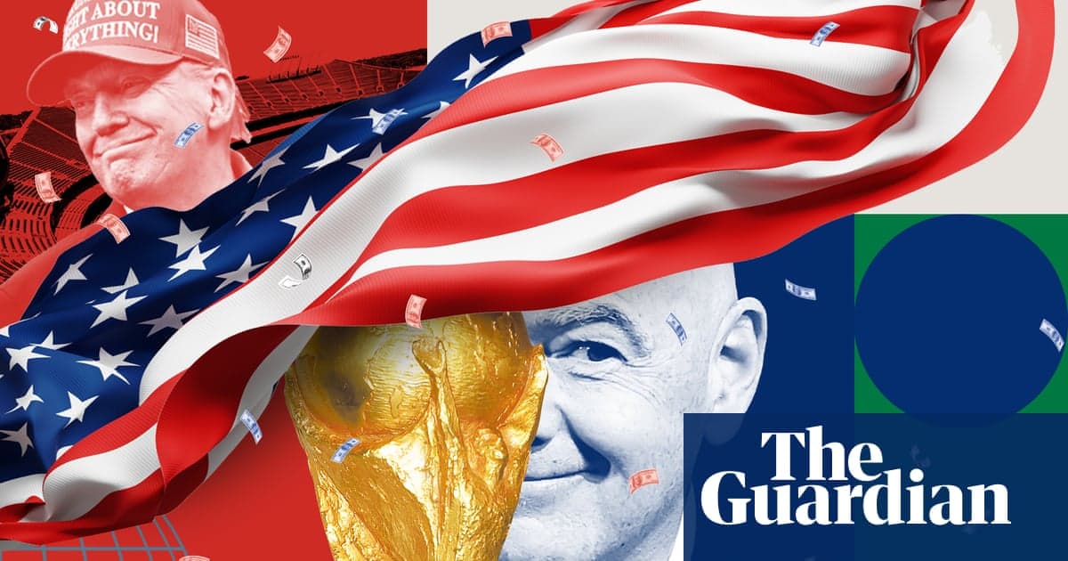 Collage of Donald Trump, Gianni Infantino, the World Cup trophy, an American flag, and the three 2026 tournament mascots.