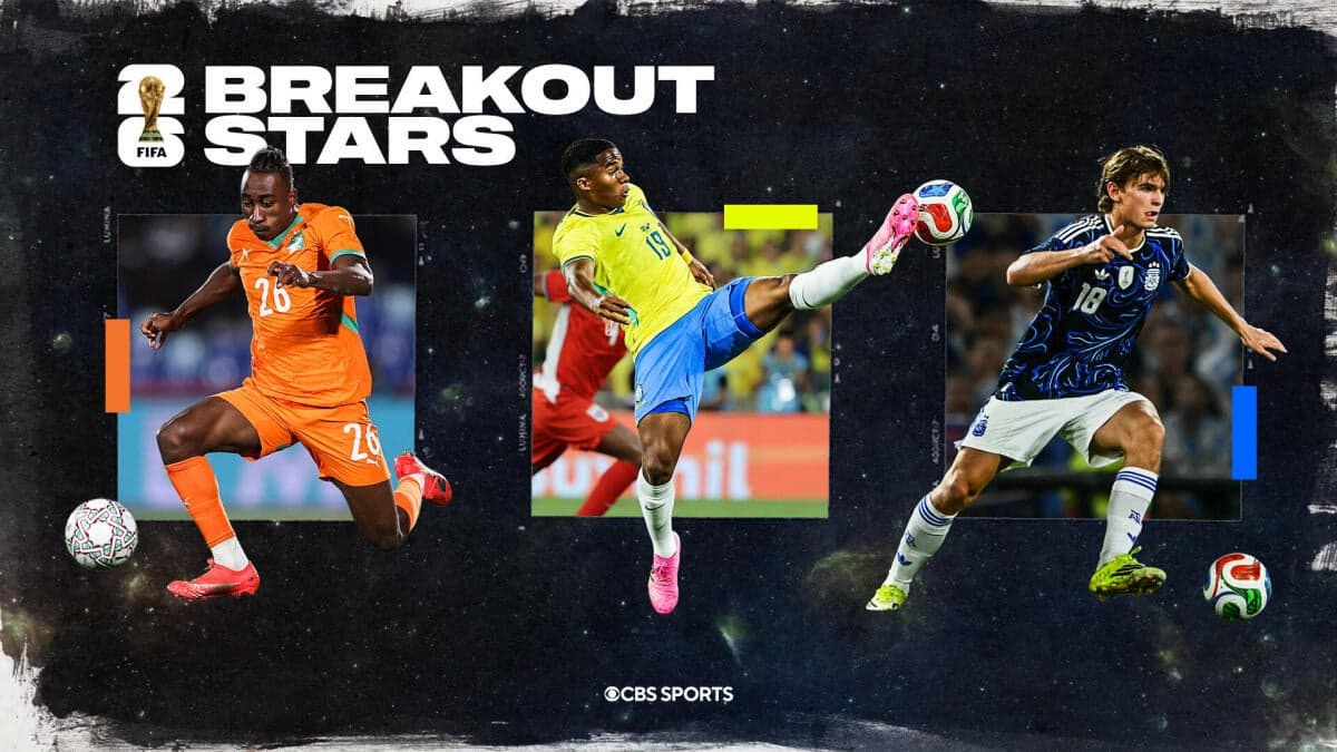 Collage of teenage soccer prospects including Brazil's Endrick and Argentina's Nico Paz, poised for the 2026 World Cup.