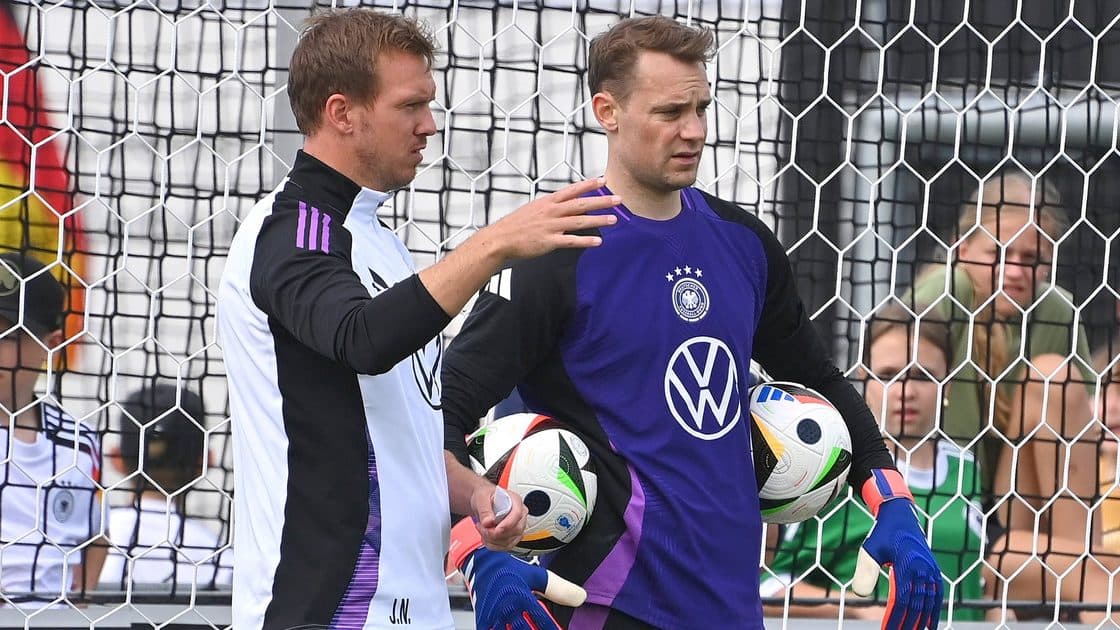 Composite image showing Manuel Neuer and Kai Havertz in Germany jerseys, split with a celebrating Joshua Kimmich and Nick Woltemade.