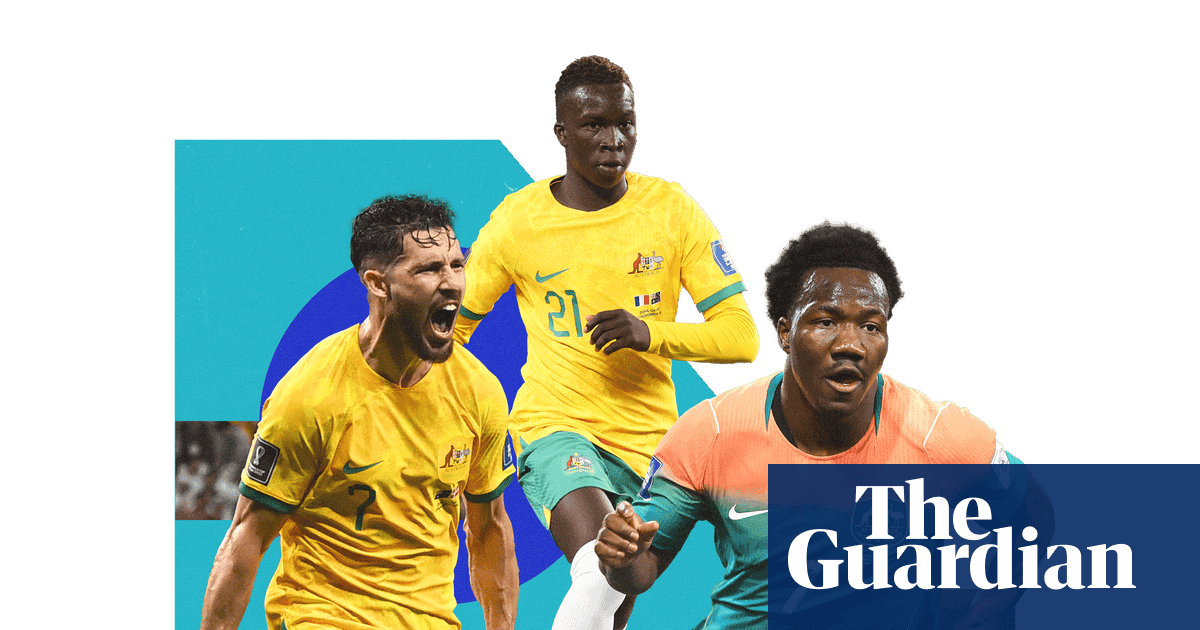 Composite image showing Socceroos players Mat Leckie, Garang Kuol, and Nestory Irankunda in action during international matches.
