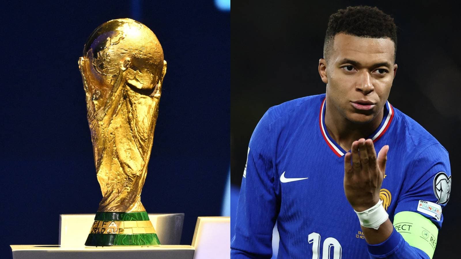Kylian Mbappe in a France jersey stands beside a Brazil team sheet with the name Estevao circled, against a FIFA World Cup 2026 background.