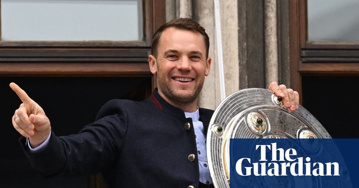 Manuel Neuer celebrating winning the Bundesliga trophy with Bayern Munich, pumping his fist after a crucial match.