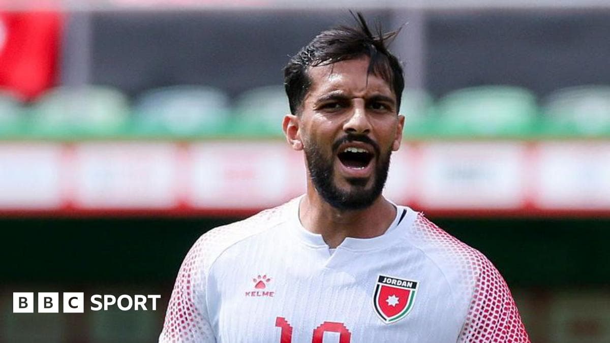 Mousa Al-Tamari of Jordan looking focused in his national team kit during a World Cup 2026 training session in Amman.
