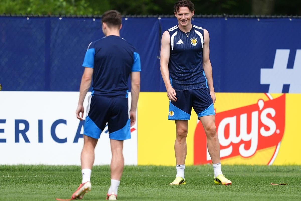 Scott McTominay training with Scotland teammates in Foxborough, Massachusetts, after recovering from an upset stomach.