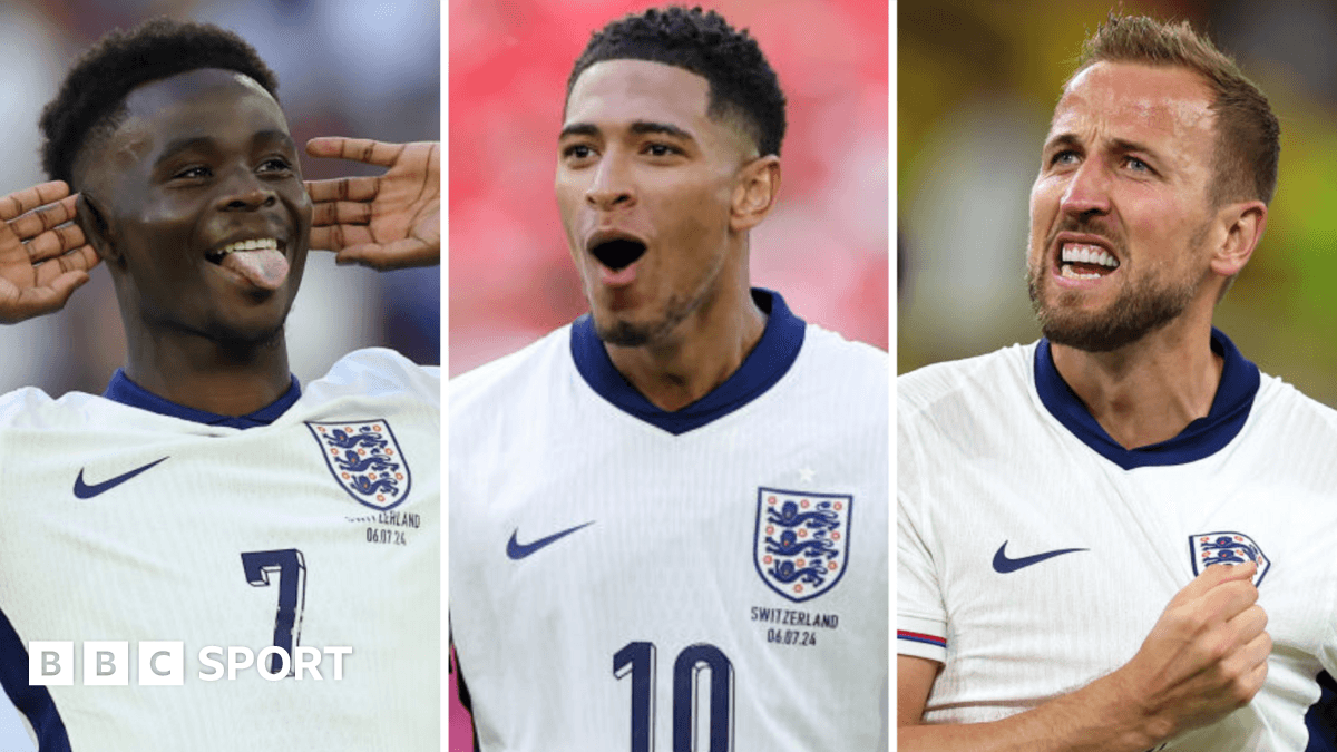 Split graphic featuring Bukayo Saka, Jude Bellingham, and Harry Kane in England kits, used by BBC Sport for a World Cup 2026 team selection article.