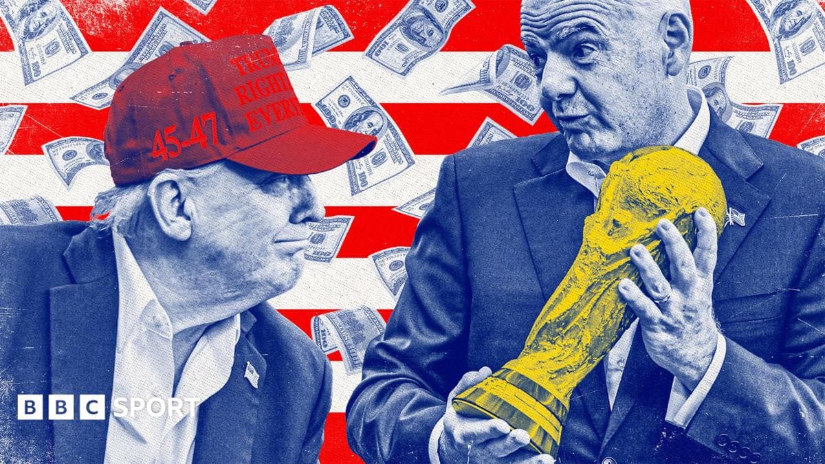 Stylised illustration of Donald Trump and Gianni Infantino with the World Cup trophy and dollar bills
