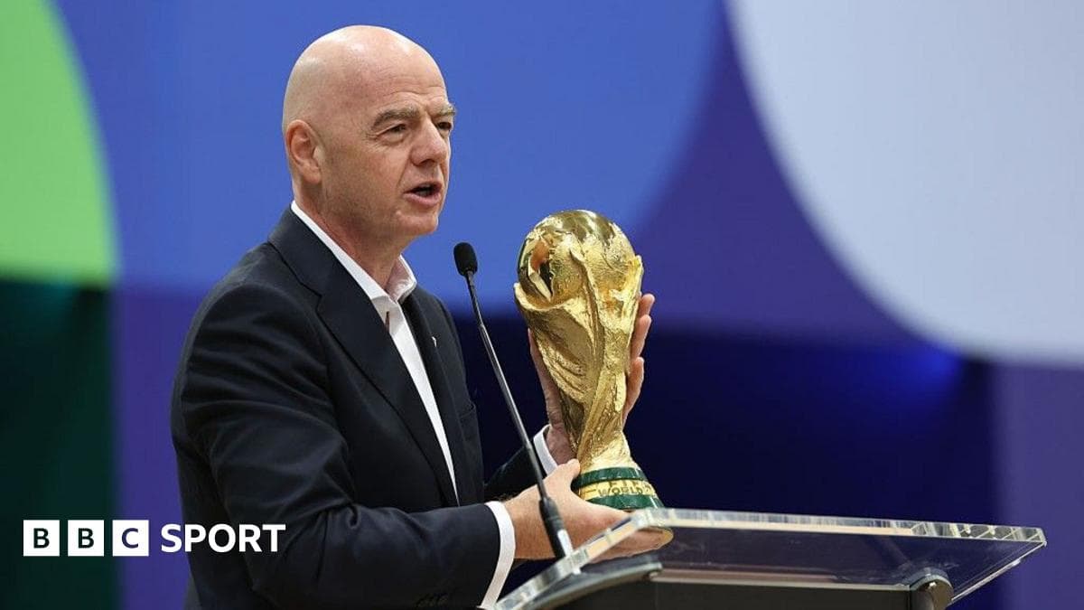 The FIFA World Cup trophy displayed on stage during the opening ceremony of the International Broadcast Center in Dallas on June 1, 2026.
