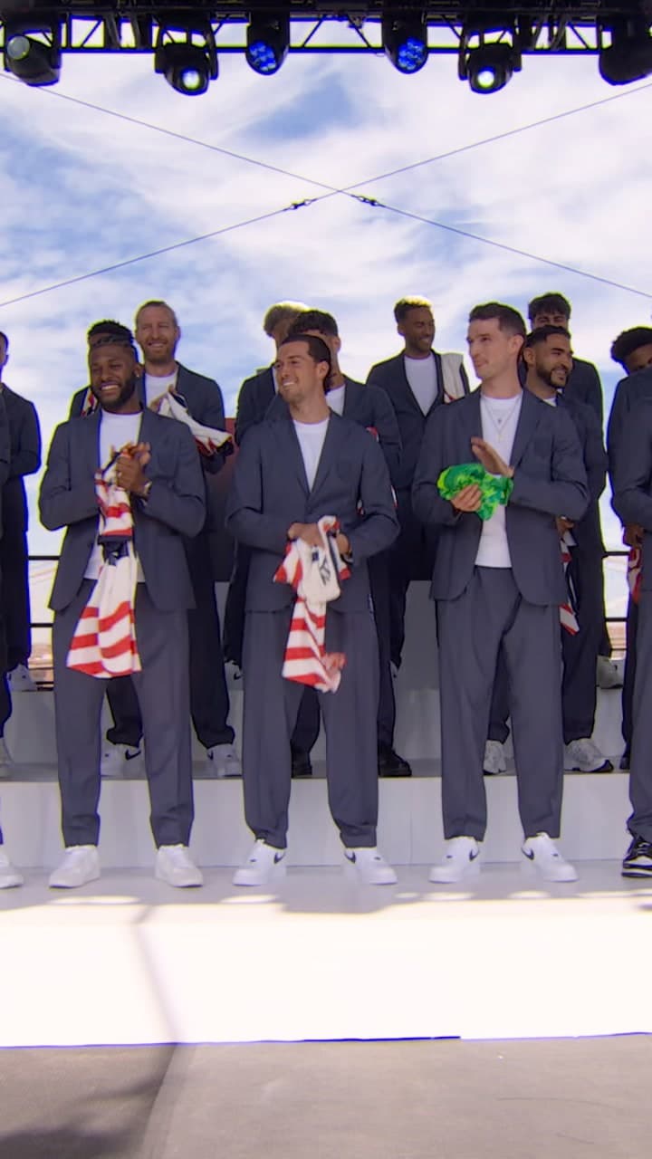 The USMNT 2026 World Cup roster reveal ceremony on FOX Soccer, featuring headshots of players like Christian Pulisic, Weston McKennie, and Tyler Adams.
