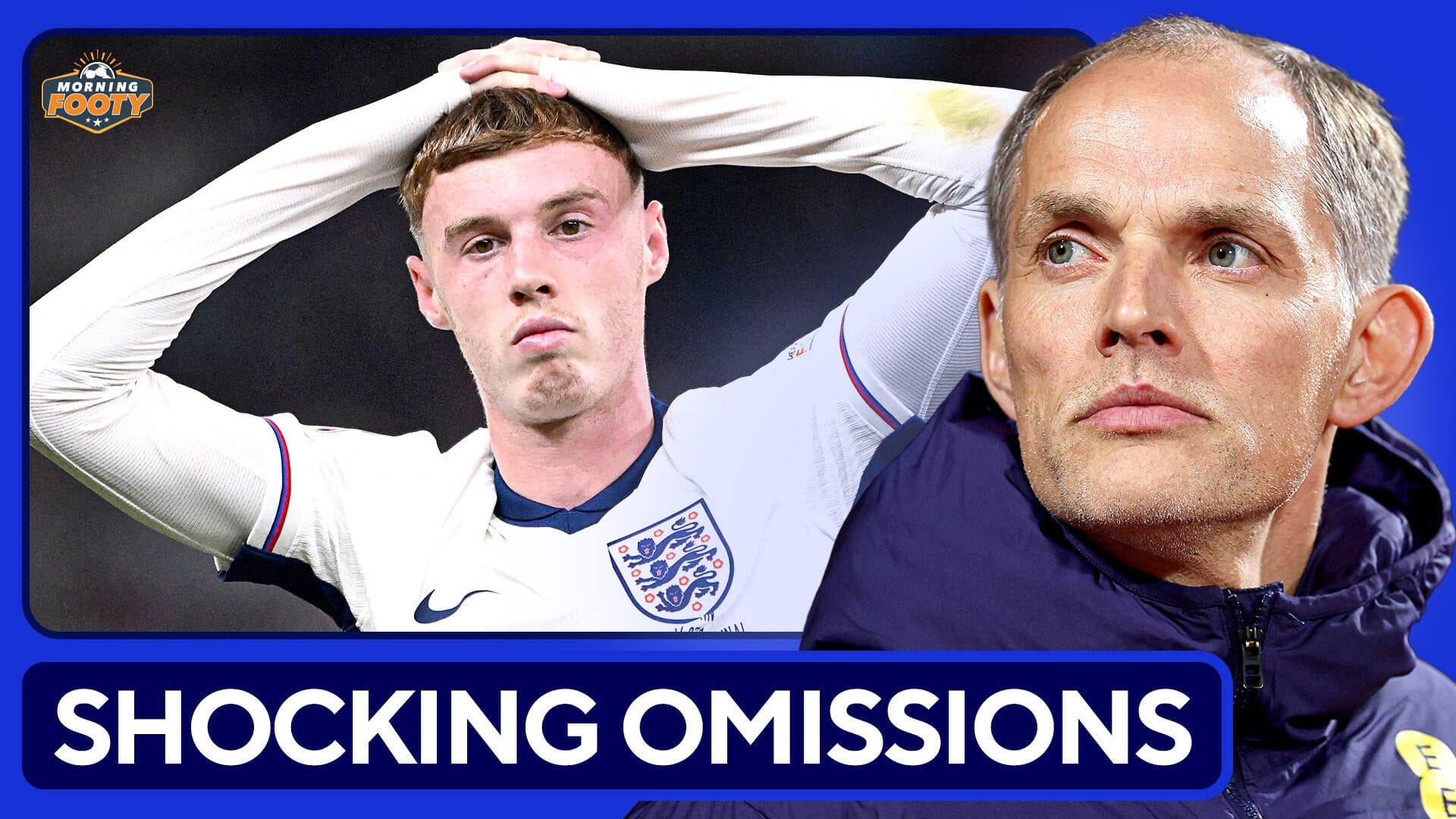 Thomas Tuchel at a press conference with a graphic showing omitted England players Cole Palmer, Phil Foden, and Trent Alexander-Arnold.