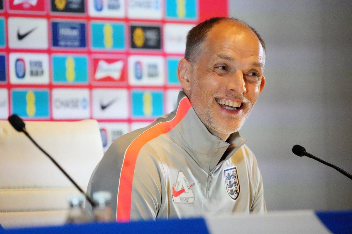 Thomas Tuchel pointing and shouting instructions from the sideline during an England training session in the Florida heat.