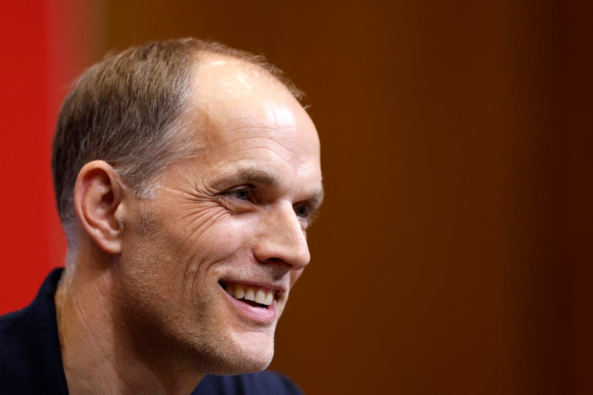 Thomas Tuchel speaking firmly at a press conference while unveiling the England squad for the 2026 World Cup.