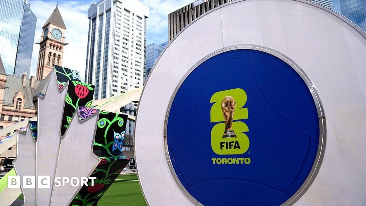 Toronto sign decorated with FIFA World Cup 2026 graphics at Nathan Phillips Square, one of 16 host cities.